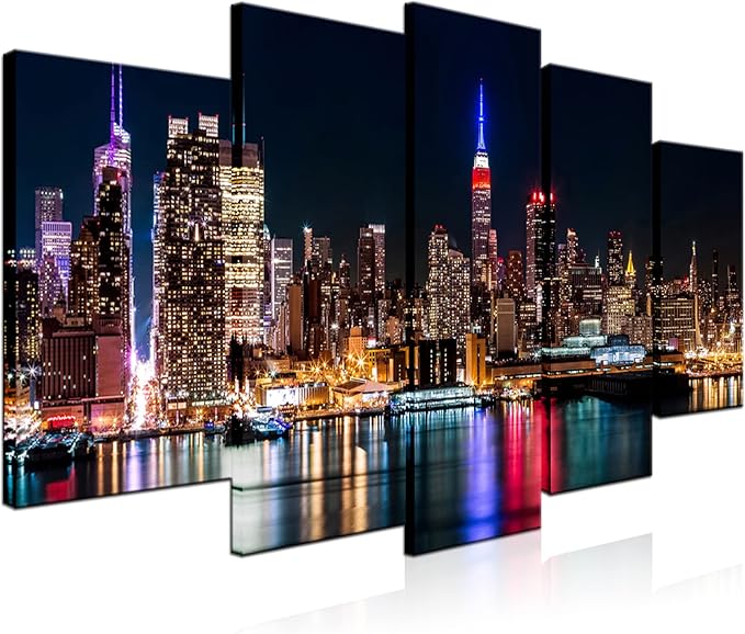 Biuteawal Large 5 Piece New York City Canvas Wall Art Manhattan Skyline at Night Picture Prints Modern Home Office Wall Decoration Gallery Wrapped Ready to Hang