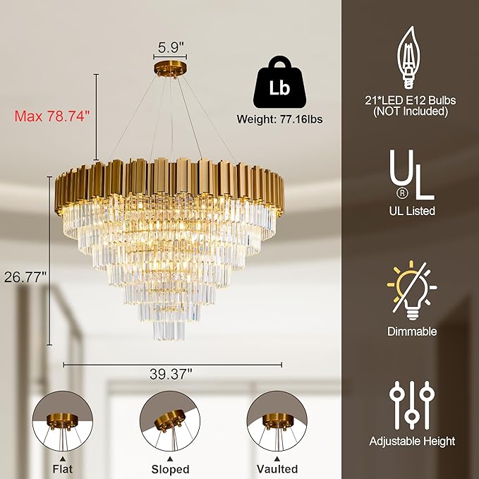 7-Tier 39" Modern Crystal Chandelier, 21-Light Gold Chandelier, Luxury Round K9 Crystal Chandeliers Pendant Light Fixture for Dining Room, Living Room, Bedroom, Foyer, Entryway, Kitchen, Restaurant