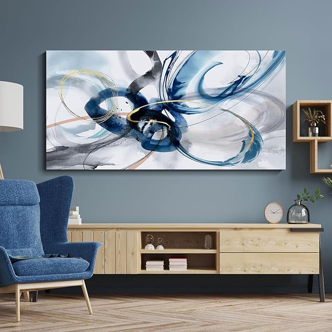 AJAZIKO Modern Abstract Canvas Wall Art - 29X58 Inches Blue and White Pictures for Living Room, Bedroom Aesthetic Home Decor