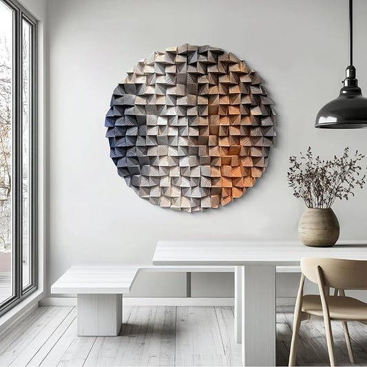 LIUZEYUE - 3D wooden block painting gradient coffee white art background wall wooden block abstract geometric wall decoration living room/bedroom/office modern minimalist style decoration Diameter 59"