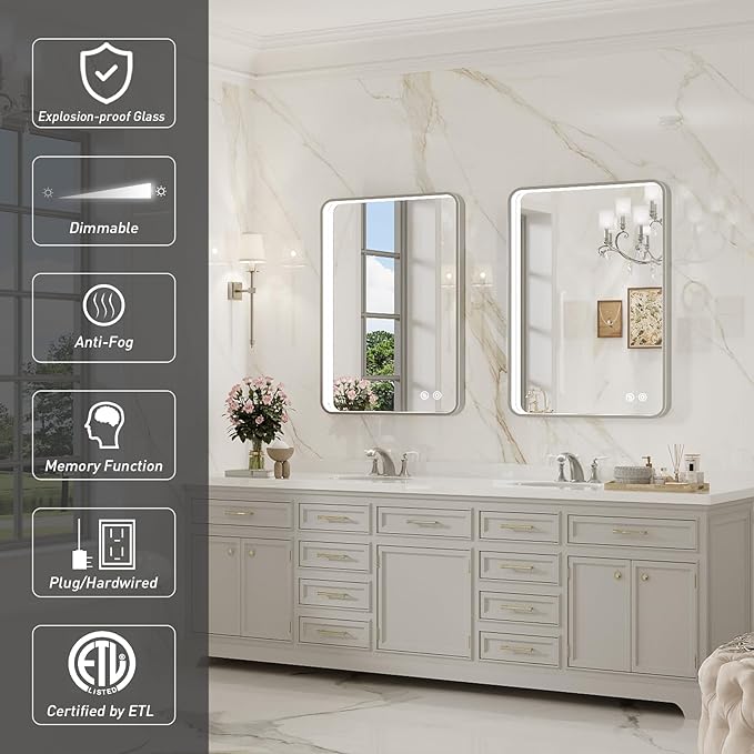 28x36 Inch LED Mirror for Bathroom,Brushed Sliver Metal Frame Lighted Vanity Mirror, Anti Fog Stepless Dimmable,Wall Mounted(Horizontal/Vertical)