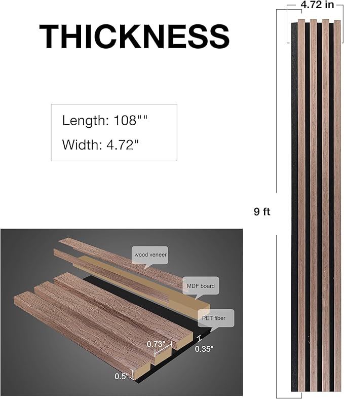 NeatiEase Wood Wall Panels, 9 Feet Acoustic Slat Wall Panels for Interior Wall Decor and Noise Reduction, Decorative Slat Wall Paneling, Smoked Oak, 6-Piece