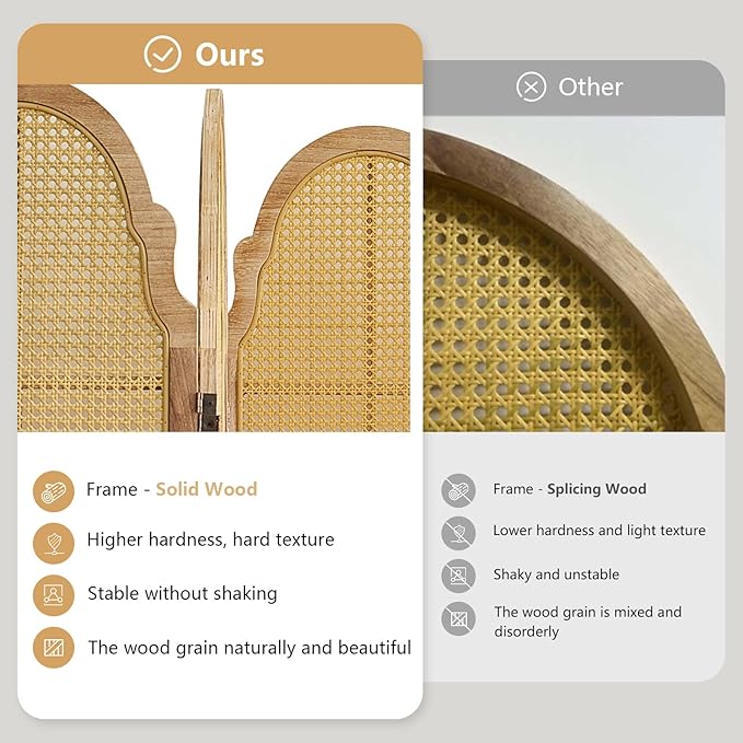 6 Panel Rattan Room Divider, 6 FT Tall Portable Partition Solid Wood Frame Folding Privacy Screen, Partition Room Divider Ideal for Bedroom Living Room Office, Light Brown