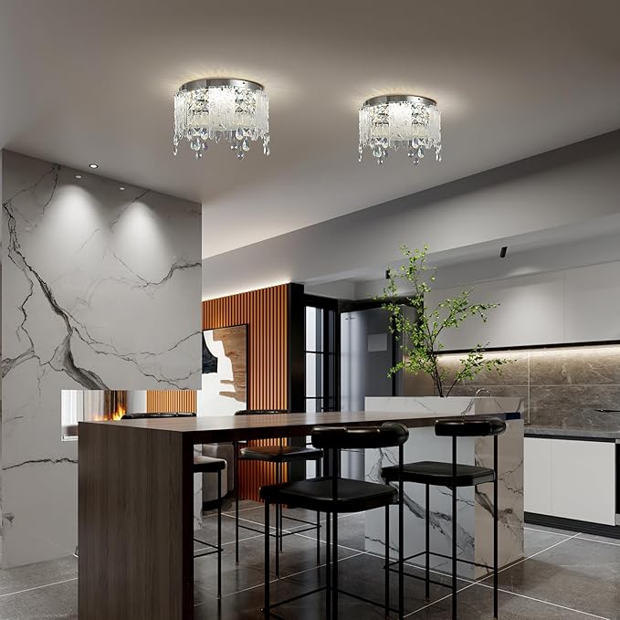 Modern Crystal Chandelier Chrome Round Semi Flush Mount Ceiling Light Fixture,Dimmable LED Close to Ceiling Light for Living Room, Bedroom, Hallway, Dining Room, Hallway Entryway Kitchen