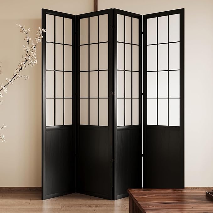 5.6FT Room Divider and Folding Portable Partition Screen, Chinese Japanese Shoji Style for Room Separation - 4 Panel (Black)
