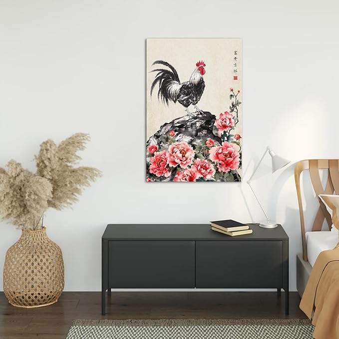 Canvbay Traditional Chinese Wall Art Rooster and Peony Floral Ink Painting on Canvas Framed Oriental Decor for Living Room Study 24x36 Inch