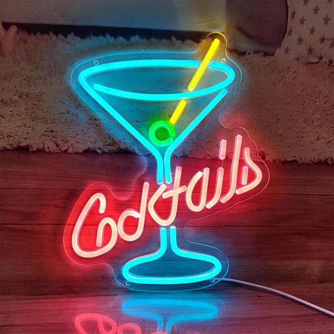 Cocktail Neon Sign, 11" x 13.7" Multicolor Acrylic Wall Mount, Tabletop, Hanging Chain LED Sign for Home Bar Decor