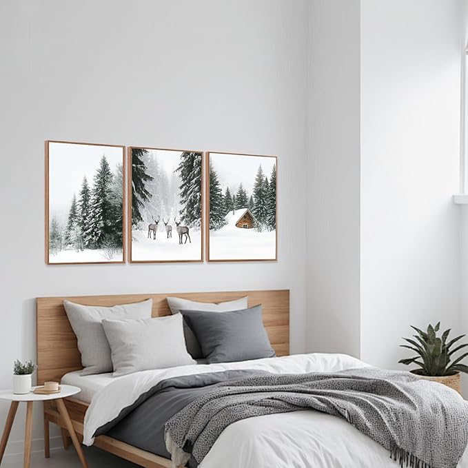 LHIUEM Christmas Pictures Wall Decor Winter Landscape Canvas Art 3 Piece Christmas Artworks(12”X16”) Winter Framed Art Prints Vintage Farmhouse Decorations Snow Forest Reindeer Wall Art for Room