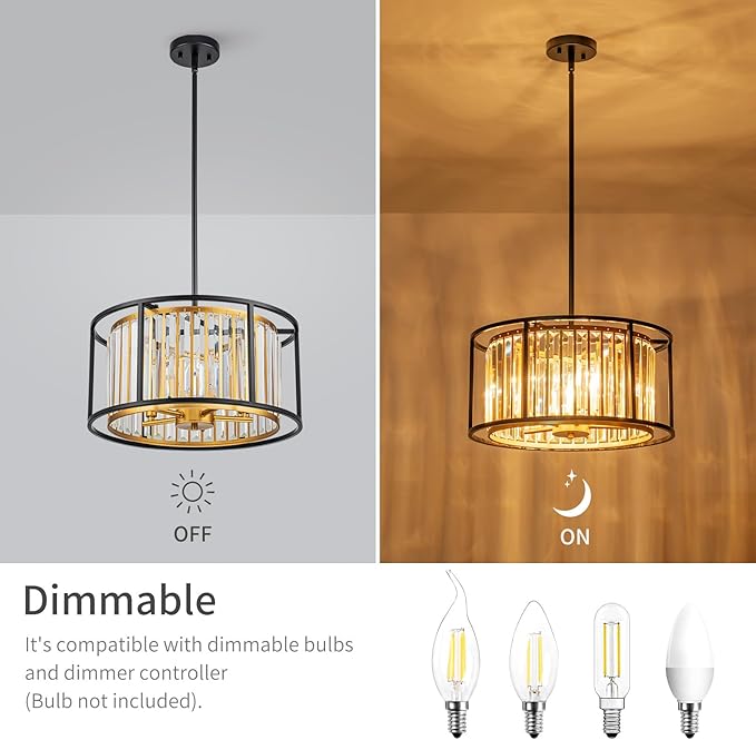 5-Light K9 Crystal Drum Chandeliers, Modern Pendant Light Fixture for Dining Room, Living Room, Bedroom, D18 x 12~58" Adjustable Height, Crystal Shade, Gold & Black Finish