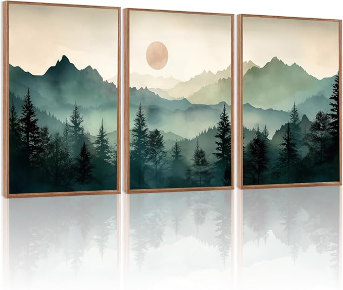 LHIUEM Boho Mountain Framed Canvas Set Forest Pine Tree Decor Mountain Cabin Framed Art Nature Sunrise Wilderness Landscape Art Painting Boho Decor Wall for Living Room Bedroom Dining Room Office