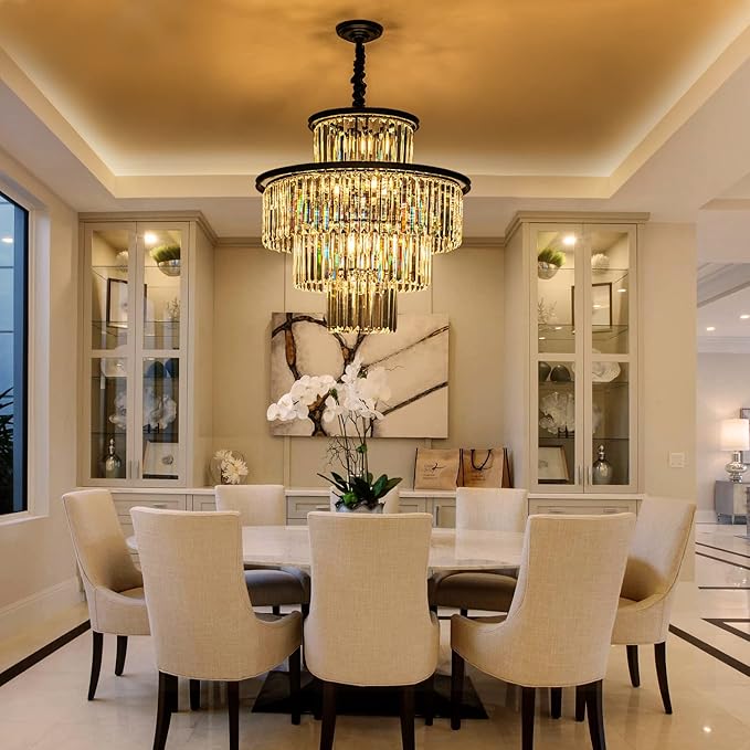 23" 14-Light Modern Crystal Chandelier Light Fixtures 4-Tier Black Luxury Chandeliers for Dining Room Round Hanging Pendant Lighting for Living Room Kitchen Entryway Bedroom Foyer Hallway