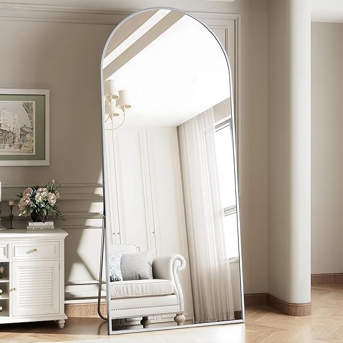 Arched Full Length Mirror, 64"*21" Large Floor Mirror, Full Body Mirrors for Leaning or Hanging, Standing Mirrors for Bedroom, Living Room,Dressing Room, Aluminum Alloy Frame, Silver