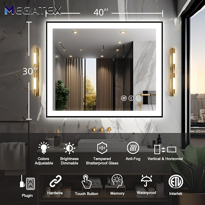 40x30 LED Bathroom Mirror, Black Aluminum Framed, Backlit + Front-Lit, 3 Colors Temperature Changeable, Dimmable Vanity Mirror, Tempered Glass, Defog, Waterproof, Memory (Horizontal/Vertical)