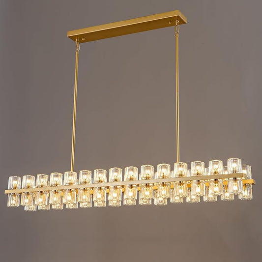 Crystal Brass Rectangle Chandeliers for Dining Room, 54in Gold Farmhouse Chandeliers for Dining Room, Modern Rectangle Crystal Chandelier for Kitchen Island Living Room, Includes 60XG4 Bulbs