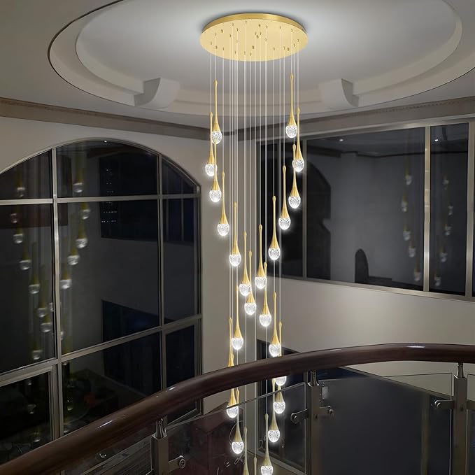 Modern Crystal Chandelier 25-Lights Raindrop Chandeliers LED Dimmable High Ceiling Pendant Light Gold Large Chadnelier for Foyer Entrance Living Room