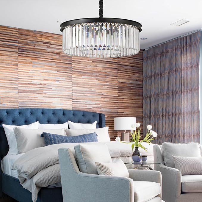 Modern Black Crystal Chandelier,2-Tier Round Pendant Ceiling Fixture with Height Adjustable Luxury Hanging Chandelier for Dining Room,Living Room,Entryway,Bedroom,Kitchen,and Foyer (Black Crystal-2)