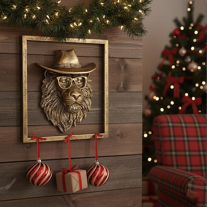 JJALIGHTS Exquisite Resin Animal Head Wall Sculpture (Gift Metal Frame) - Imitation Copper Vintage Decor for Living Room, Bedroom & Office | Decorative Wall Hanging Art (Lion)