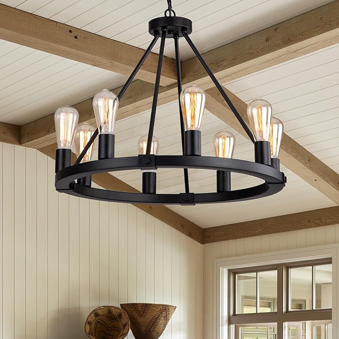9MMML 23.6" 8 Lights Wagon Wheel Chandelier,Black Metal Round Industrial Vintage Kitchen Island Pendant Light for Living Dining Room Foyer Entryway,Height Adjustable,E26.