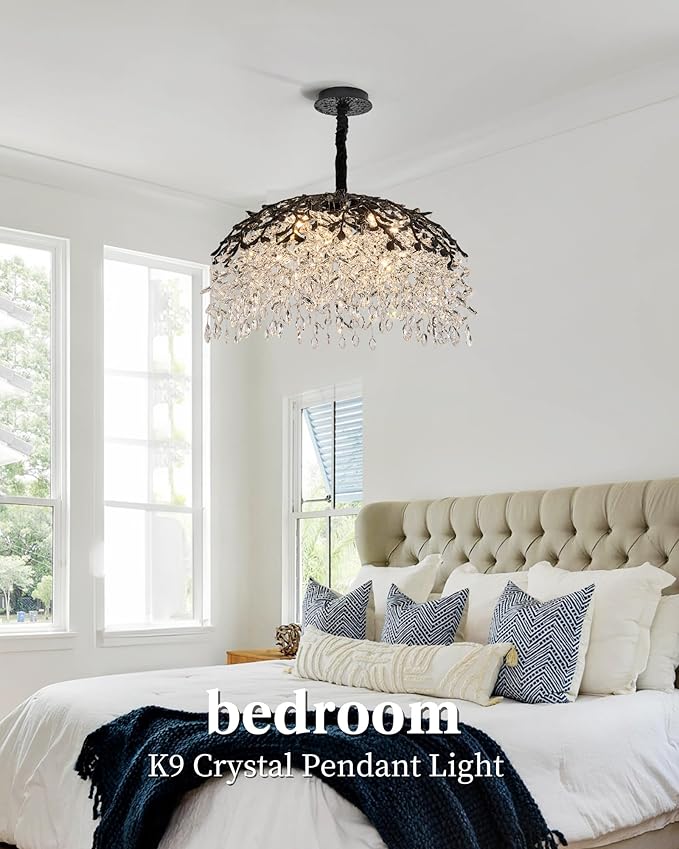 Modern Crystal Chandelier for Dining Room, 31.5" 10-Light Black Tree Branch Chandeliers, Luxury K9 Crystal Rectangular Chandeliers for Kitchen Island Living Room