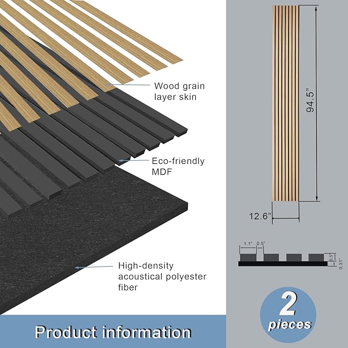 2 Piece Wood Slat Acoustic Panels for Stylish Decor and Noise Reduction, 3D Textured Panel for Ceiling and Wall - White Oak (94.5 L x 12.6 W in)