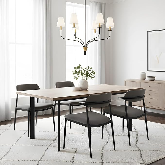 30" Modern Black and Gold Chandelier for Dining Room, 6-Light Mid Century Pendant Light with White Fabric Shade, Contemporary Ceiling Lighting for Living Room Bedroom Kitchen Island, E12