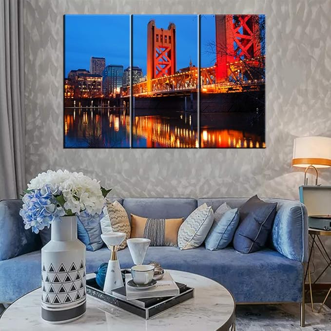 Cityscape Picture Urban Landscape Art: The Tower Bridge Crosses the Sacramento River in the heart of Downtown Sacramento, California Print on Canvas Decor Ready to Hang - 28‘’ x 14‘’ x 3 panels