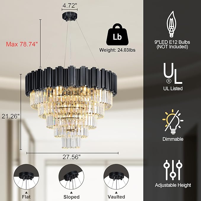 5-Tier 27.5" Black Chandelier, 9-Light Modern Crystal Chandelier, Luxury Round K9 Crystal Chandeliers Pendant Light Fixture for Dining Room, Living Room, Bedroom, Foyer, Entryway, Kitchen, Restaurant
