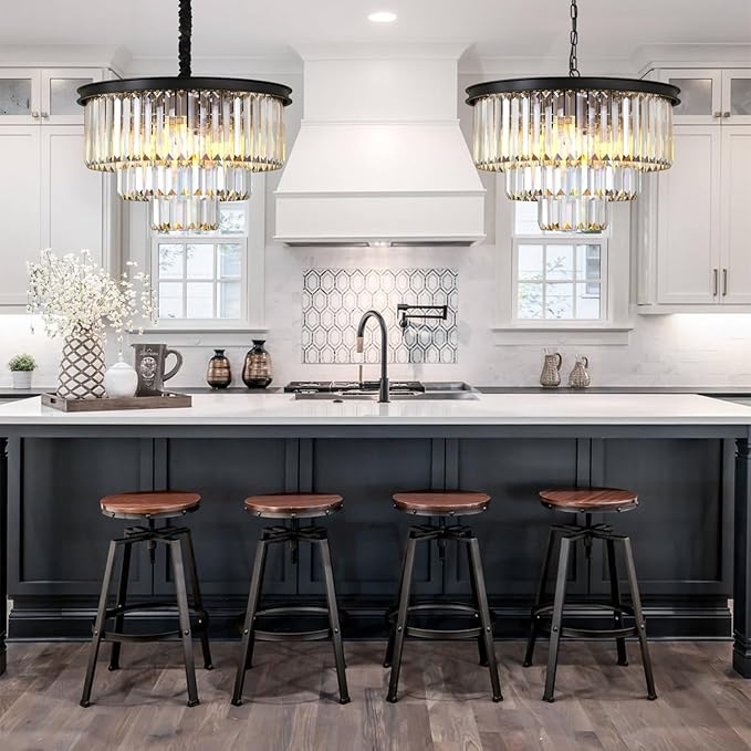 Modern Black Crystal Chandelier,3-Tier Round Pendant Ceiling Fixture with Height Adjustable Luxury Hanging Chandelier for Dining Room,Living Room,Entryway,Bedroom,Kitchen,and Foyer (Black Crystal-3)