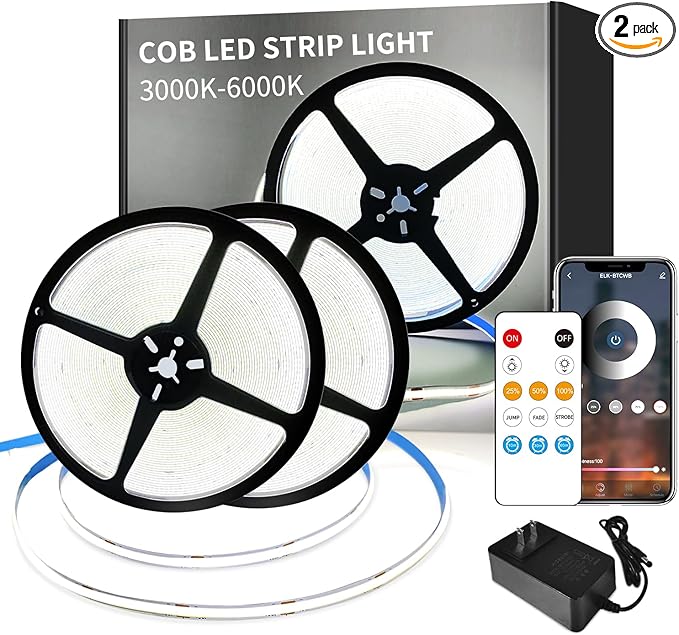 100FT COB LED Strip Lights White Dimmable DC 24V 6000K Flexible LED Tape Light for Bedroom, with Remote and app Control LED Tape Lights for DIY Home Decoration