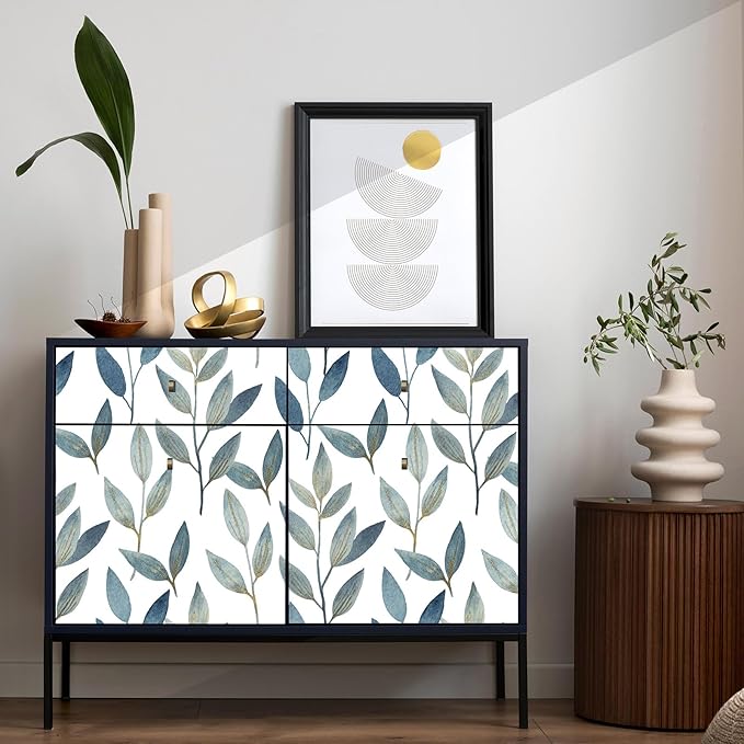 Blue and Gold Leaf Peel and Stick Wallpaper Waterproof Removable Self Adhesive Vinyl Contact Paper for Walls Boho Modern Decor for Bathroom Bedroom or Living Room 17.7" x 70.8"