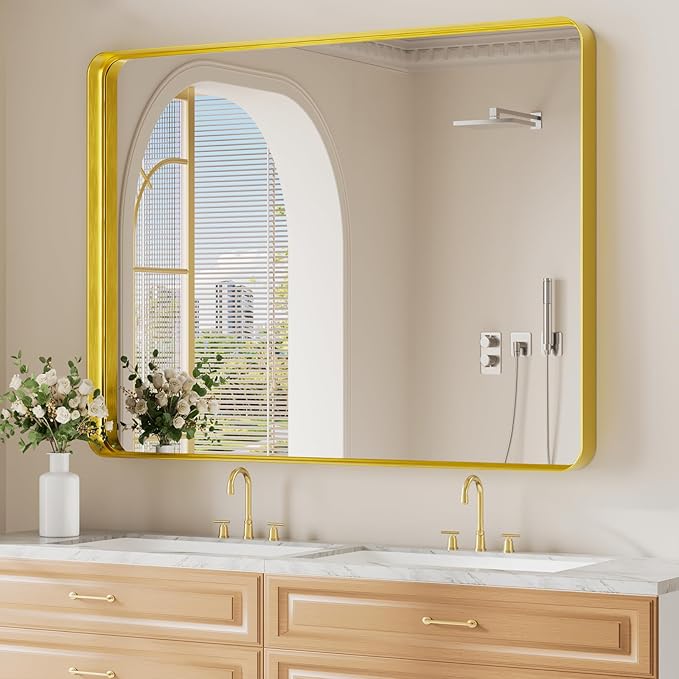 Koonmi Gold Bathroom Mirror for Wall, 36x48 Inch Matte Metal Deep Framed Rounded Corner Wall Mirror, Shatterproof Tempered Glass for Farmhouse Bedroom Entryway, Vertically or Horizontally