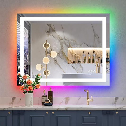 36x28 Inch RGB LED Bathroom Mirror Front Light and RGB Backlit Lighted Vanity Mirror for Bathroom Wall Mounted Dimmable Anti Fog Memory Shatter-Proof IP54 Waterproof Horizontal/Vertical