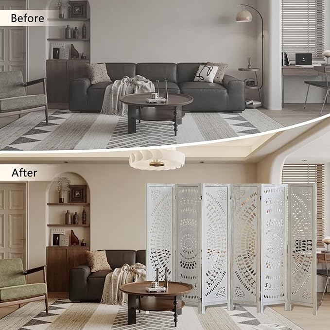 6 Panel Wood Room Divider Fully Assembled, Decorative Room Dividers and Folding Screens, 5.6Ft Room Divider Screen Freestanding Partition Wall Dividers for Home Bedroom Office, White