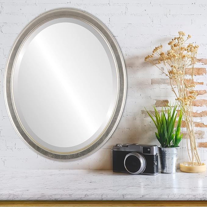 OVALCREST Oval Beveled Wall Mirror for Home Decor - Toronto Style - Silver Leaf with Brown Antique - 26" x 22"