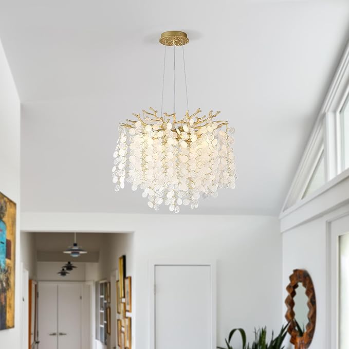 18-Inch Coastal Chandelier, 6-Light Gold Tree Branch Chandelier, Modern Foyer Bedroom Chandeliers with Adjustable Height, Round Crystal Pendant Light Fixtures for Entryway Dining Room, E12