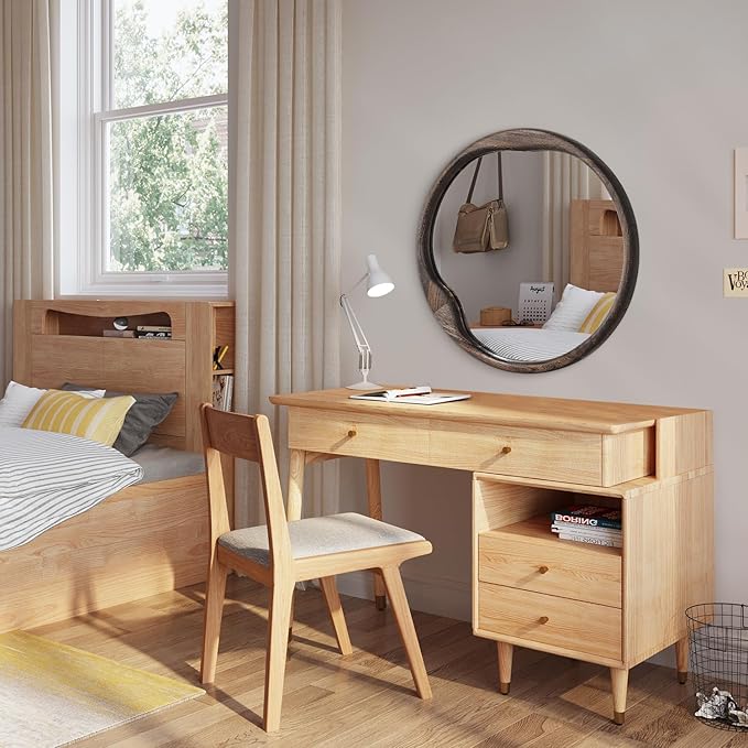 AOAOPQ Rustic Brown Round Mirror 28 inch Circle Mirror Frame Round Wall Mounted Mirrors for Living Room Bathroom Wall Entryway Hallway Bedroom Decor Large Wood Frame Mirror