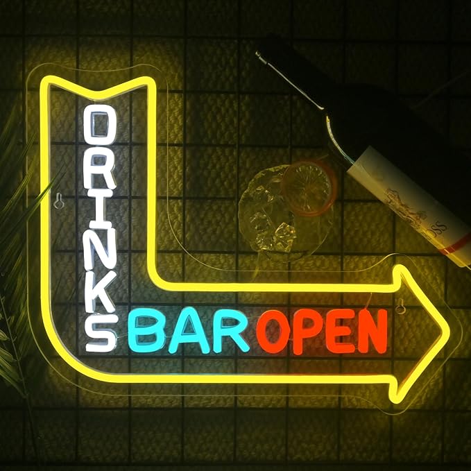 Looklight Drinks Bar Open Neon Sign for Wall Decor Right Arrow LED Light Sign Decoration for Bar Restaurant Man Cave Parties Cart Accessories, Get Your Business Seen Day Or Night