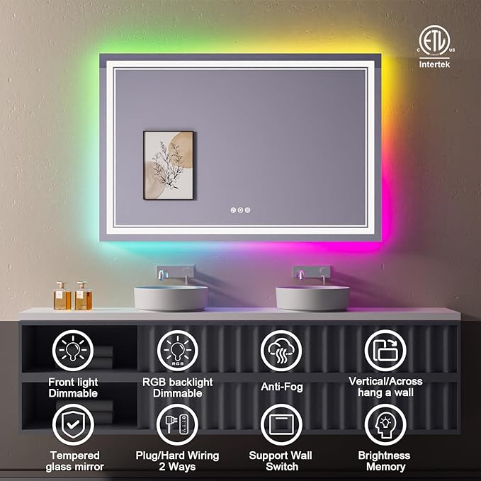 60x40 Inch RGB LED Bathroom Mirror with Lights, Color Changing RGB Backlit LED Mirror for Bathroom,Lighted Vanity Mirrors for Bathroom Wall, Dimmable, Anti-Fog (RGB Backlit+Front-Lit)