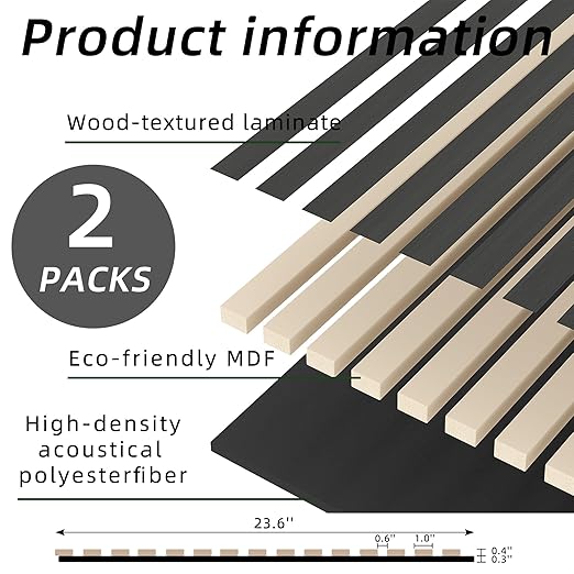 Casaphoria Acoustic Wall Panels, 2 PCS 47.2"x23.6", Wood Slat Wall Panels for Home Office & Accent Walls, Black