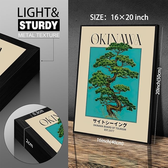Black Framed Canvas Wall Art Posters Japanese Okinawa Prints Retro Japanese Bonsai Tree Picture Modern Ukiyo-e Decor for Home Bedroom Decorations Artwork 16x20in