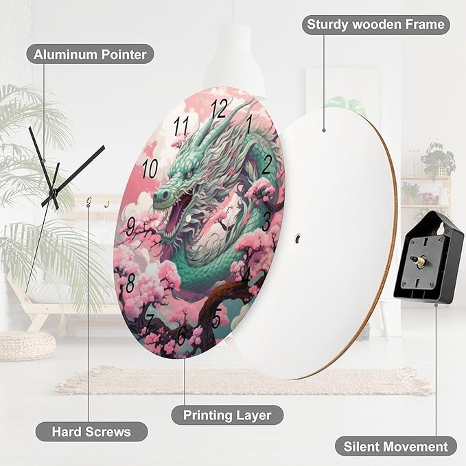 Pink Dragon-Themed Round Wall Clock, Pink Background Flower Tree Girl's Personalized Oriental Dragon Decoration, Wooden Silent Wall Clock for Family Room Bedroom 12x12INCH