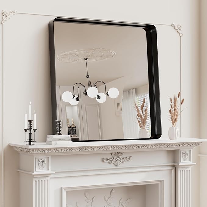 Koonmi Black Wall Mirror for Bathroom, 30x30 Inch Matte Deep Framed Rounded Rectangle Vanity Mirror for Farmhouse Living Room, Tempered Glass, Anti-Rust, Vertically or Horizontally