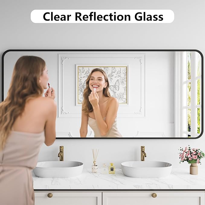 Koonmi Bathroom Mirror, 32X72 Inch Black Metal Framed Mirror for Bathroom, Tempered Glass, Anti-Rust, Rounded Rectangle Mirror for Restroom, Bedroom, Black