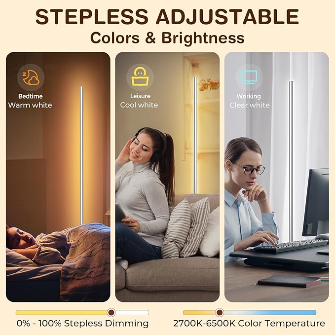 LED Corner Floor Lamp for Living Room, Minimalist Light with Remote Control, Stepless Adjustable 2700k-6500k Colors & Brightness, Modern Reading Bright Light, 58" Standing Lamp for Bedroom Home Office