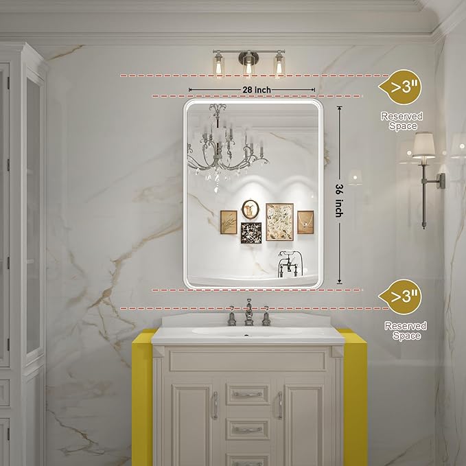 28x36 Inch LED Mirror for Bathroom,Brushed Sliver Metal Frame Lighted Vanity Mirror, Anti Fog Stepless Dimmable,Wall Mounted(Horizontal/Vertical)