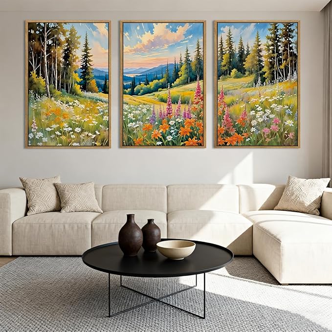 Anyzal Colorful Woodland Wall Art Large Floral Field Wall Decor 16x24 Inch Set of 3 for Living Room Bedroom Dining Room