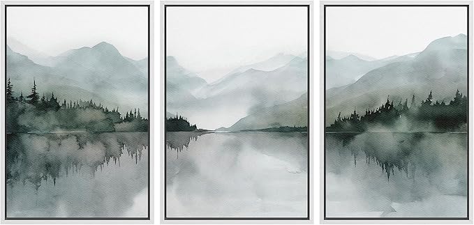 MUDECOR Framed Wall Art Print Set Misty Mountain Lake Watercolor Serene Illustrations Modern Art Boho Decorative Colorful Chic for Living Room, Bedroom, Office - 24"x36"x3 White