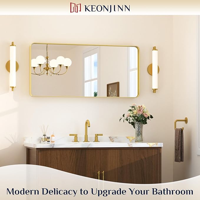 Keonjinn Gold Bathroom Mirrors for Wall 42” x 20” Large Rounded Rectangle Gold Vanity Mirror, Brushed Brass Mirror with Metal Frame, HD Tempered Glass, Decorative Farmhouse Mirror(Horizontal/Vertical)