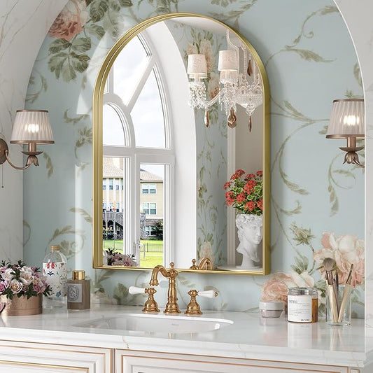 Brightify Arched Mirror, 22 x 30 Inch Gold Arch Mirror, Metal Frame Gold Arched Wall Mirror, Arched Top Bathroom Vanity Mirror for Living Room Bedroom Mantel Entryway Hallways