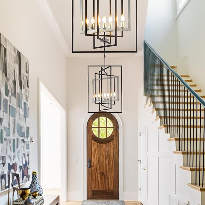 7-Light Farmhouse Lantern Pendant Light Fixtures, Rustic Industrial Foyer Lighting Fixtures, Large Foyer Chandeliers for High Ceilings, for Dining Room, Kitchen Island, Entryway（Black & Silver）